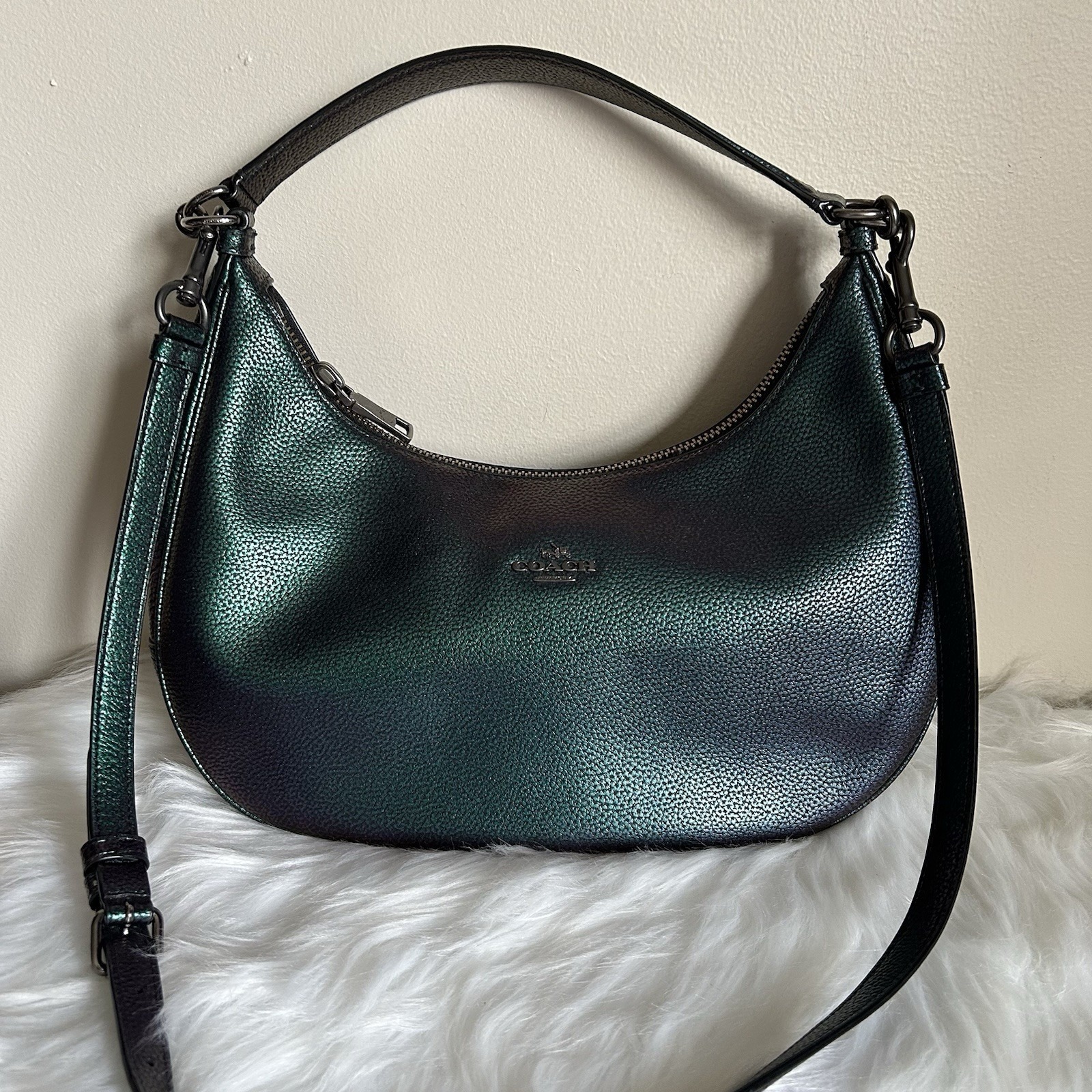 Coach Harley Iridescent Green Purple Pebbled Leather Shoulder Bag Excellent